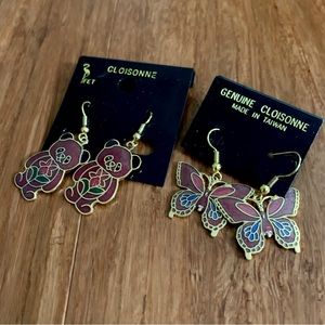 Vintage Genuine Cloisonne Bear and Butterfly Red/Gold Dangle Earrings Set of 2